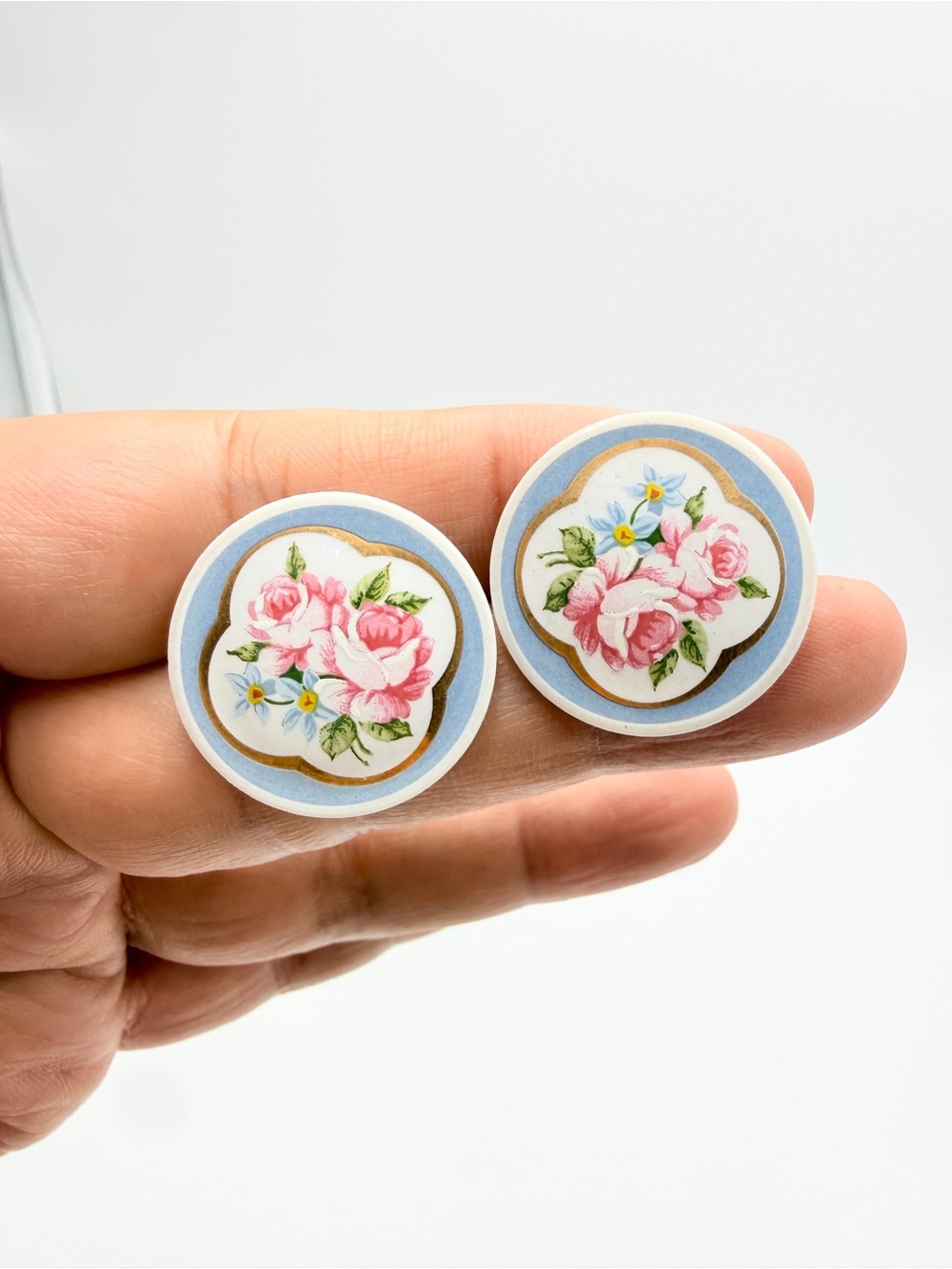 Vintage Floral Round Stud Earrings – Pink Roses & Blue Accents